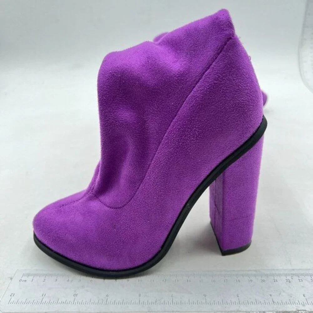 Women's Side Zipper Chunky Heel Knee High Boots Suede Long Boots Purple